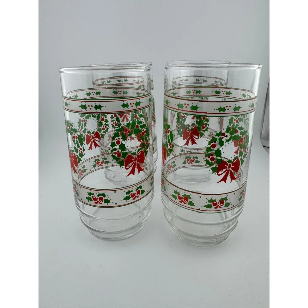 Set of 4 Vintage Christmas Glasses Holly Berry Wreath Red Bow Tumblers‎